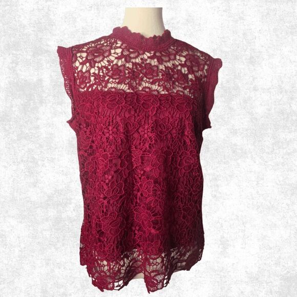 Nanette Lepore Burgundy Lace Blouse Women’s Size L – Sheer High Neck Goth Glam T - Picture 7 of 8